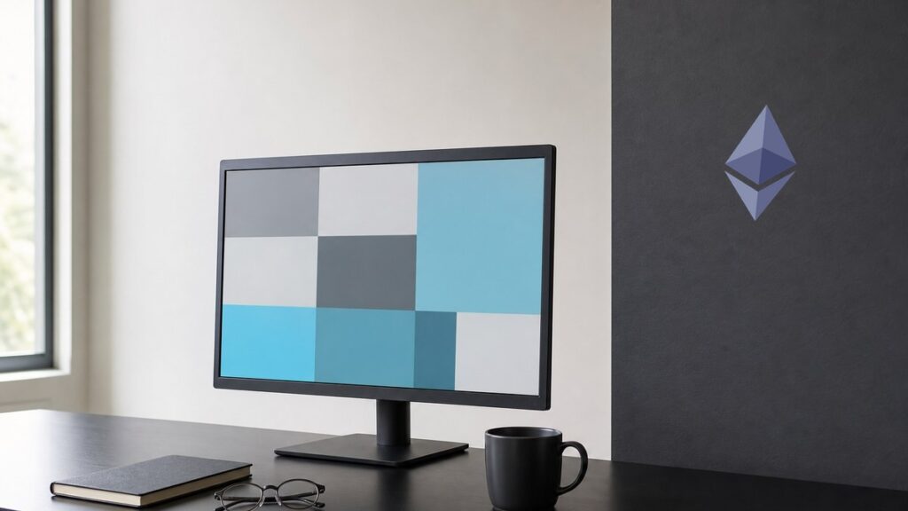 Einzelner Monitor mit abstraktem Kachelmuster auf einem dunklen Bürotisch, daneben Notizbuch, Brille und Tasse, rechts das Ethereum-Logo an der Wand.