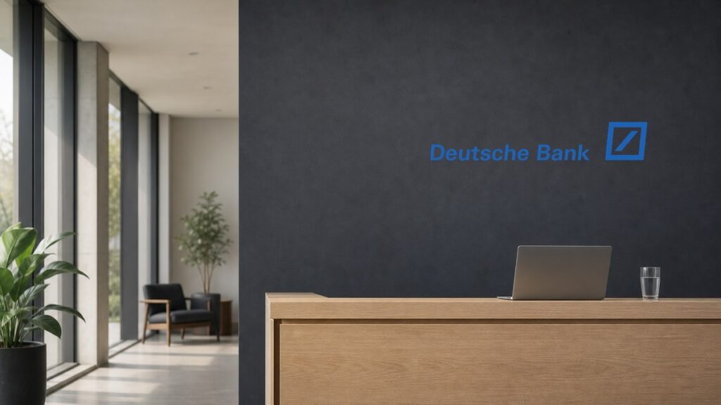 Empfangstresen einer Bankfiliale, an der dunklen Wand dahinter das Logo der Deutschen Bank