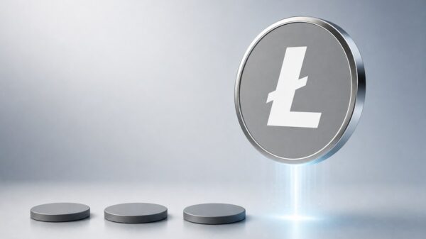Eine große silberne Münze mit dem weißen Litecoin-Zeichen schwebt über einer hellen Fläche, links daneben liegen drei kleine graue Münzen flach und unbewegt.