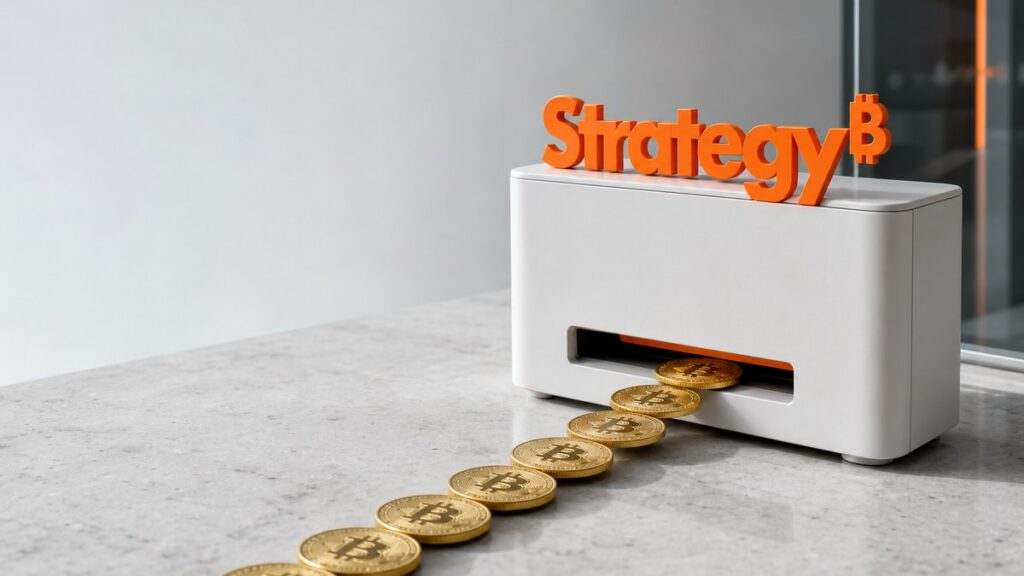 Ein weißer Münzspender mit orangefarbenem Strategy-Schriftzug gibt eine gleichmäßige Reihe goldener Bitcoin-Münzen auf eine graue Steinplatte aus.