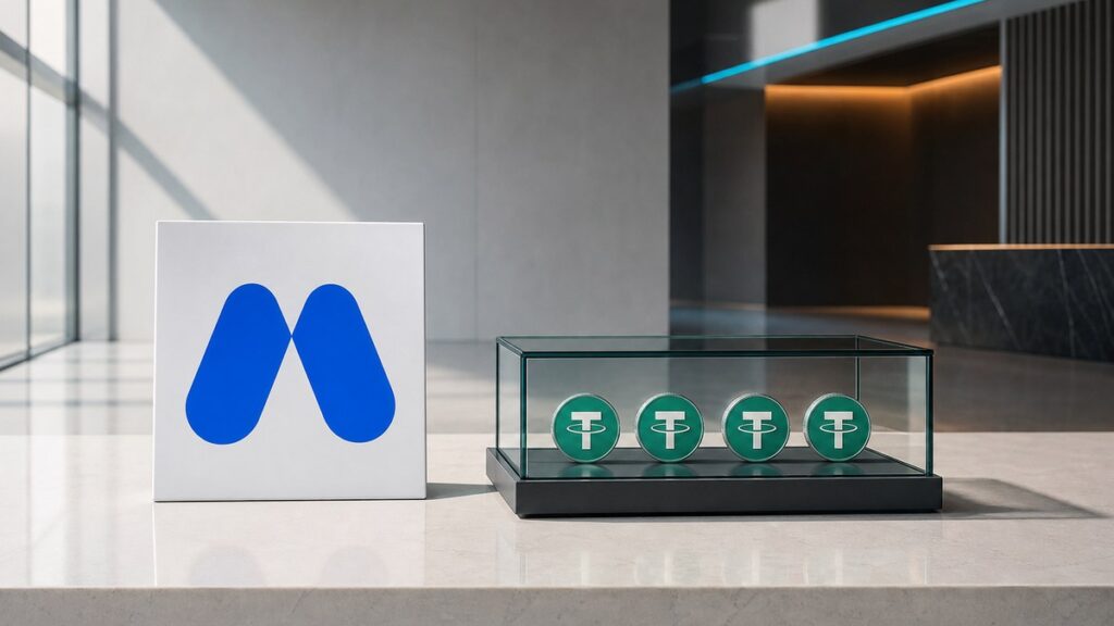 Auf einem hellen Steintresen steht links ein weißes Schild mit dem blauen MEXC-M, rechts daneben eine geschlossene Glasvitrine mit vier grünen Tether-Münzen.