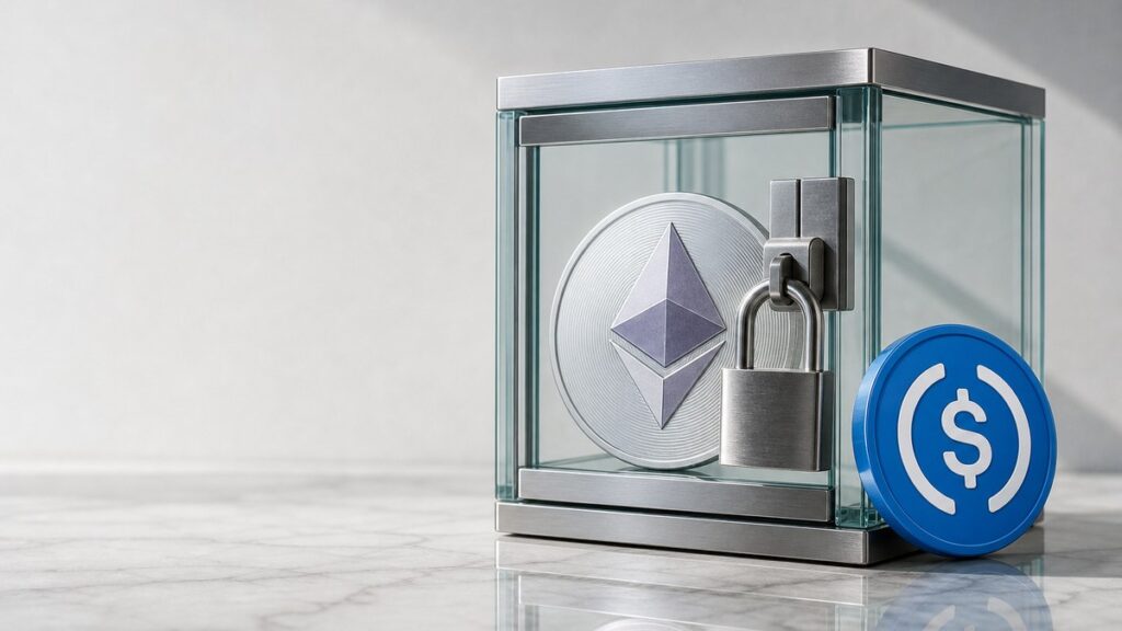 In einer Box aus Glas und gebürstetem Stahl liegt eine silberne Ethereum-Münze hinter einem Vorhängeschloss, außen lehnt eine blaue USDC-Münze.