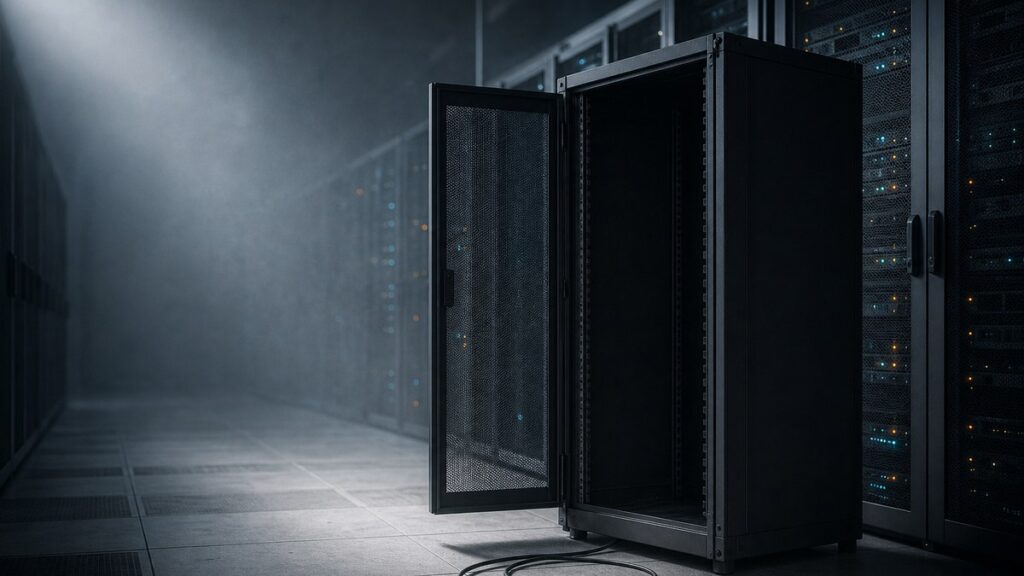 Offener, vollständig leerer Serverschrank in einem Rechenzentrum, das Stromkabel liegt aufgerollt am Boden, weiter hinten leuchten andere Racks noch.