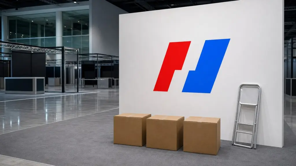 Ein leerer Messestand mit dem rot-blauen BitMEX-Zeichen auf der weißen Rückwand, davor drei verschlossene Umzugskartons und eine angelehnte Klappleiter.