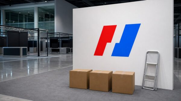 Ein leerer Messestand mit dem rot-blauen BitMEX-Zeichen auf der weißen Rückwand, davor drei verschlossene Umzugskartons und eine angelehnte Klappleiter.