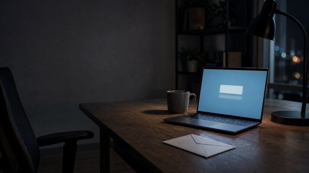 Verlassener Schreibtisch bei Nacht mit aufgeklapptem Laptop, auf dem eine leere Anmeldemaske leuchtet, daneben eine kalte Tasse und ein ungeöffneter Brief.