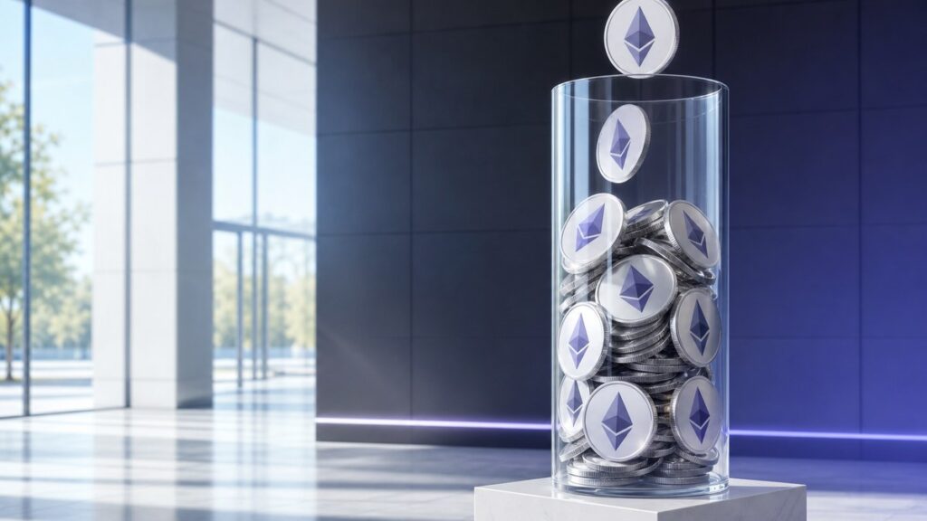 Eine hohe Glassäule auf einem weißen Steinsockel in einer hellen Eingangshalle, zu zwei Dritteln mit silbernen Ethereum-Münzen gefüllt, während oben weitere Münzen hineinfallen.