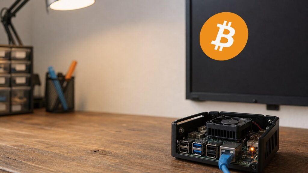 Kleiner Einplatinenrechner mit offenem Gehäuse und Lüfter auf einer Holzwerkbank, ein blaues Netzwerkkabel steckt, dahinter ein dunkler Monitor mit dem Bitcoin-Logo.