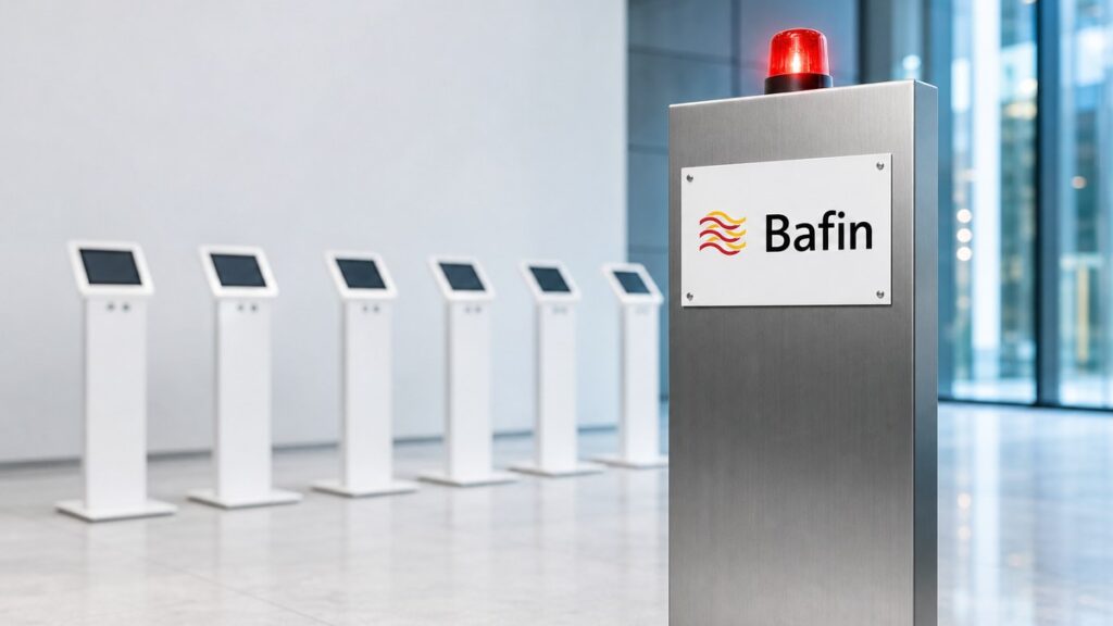 Eine Stahlstele mit rot leuchtender Warnleuchte und dem Bafin-Zeichen auf einem weißen Schild steht vor einer Reihe gleichartiger weißer Tablet-Ständer mit dunklen Bildschirmen.