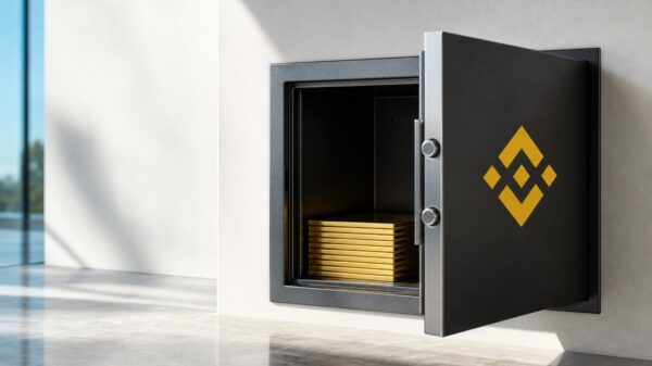 Ein offener Wandtresor mit dem Binance-Zeichen auf der Tür, darin ein Stapel dünner goldener Platten.