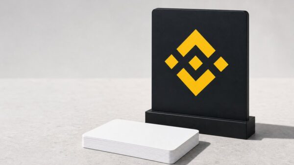 Ein aufrechtes schwarzes Schild mit dem gelben Binance-Zeichen steht auf einem flachen Sockel, davor liegt ein Stapel unbedruckter weißer Karten mit abgerundeten Ecken.