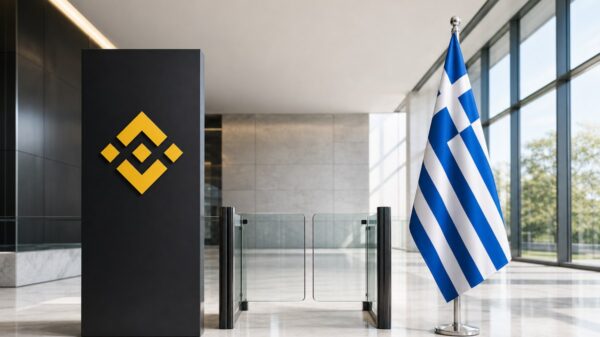Eine schwarze Säule mit dem goldenen Binance-Zeichen und eine griechische Flagge an einer Chromstange stehen gleich hoch in einer hellen Halle, dazwischen eine geschlossene Glasschranke.