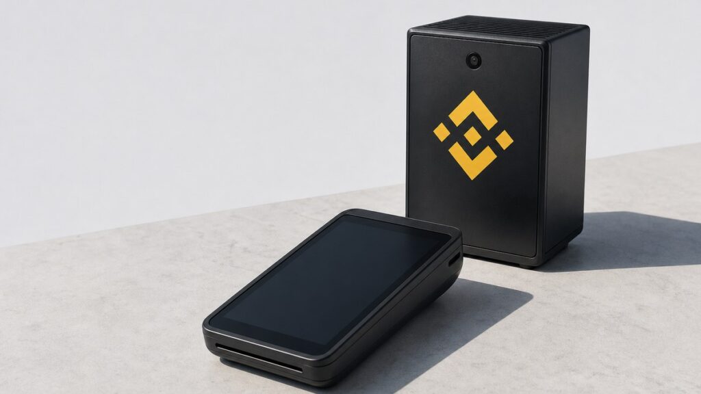 Ein aufrecht stehendes schwarzes Rechenmodul mit dem gelben Binance-Zeichen auf der Blende, davor ein flaches Kartenlesegerät mit dunklem, ausgeschaltetem Bildschirm.