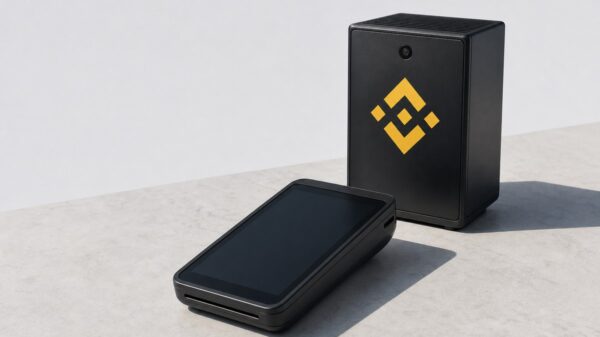 Ein aufrecht stehendes schwarzes Rechenmodul mit dem gelben Binance-Zeichen auf der Blende, davor ein flaches Kartenlesegerät mit dunklem, ausgeschaltetem Bildschirm.