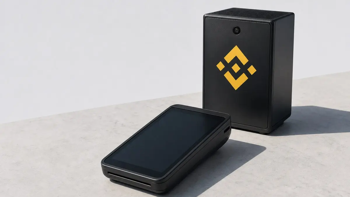 Ein aufrecht stehendes schwarzes Rechenmodul mit dem gelben Binance-Zeichen auf der Blende, davor ein flaches Kartenlesegerät mit dunklem, ausgeschaltetem Bildschirm.