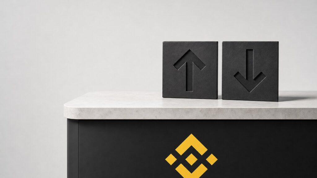 Auf einer hellen Steintheke mit dem Binance-Zeichen an der dunklen Front stehen zwei gleich große schwarze Tafeln, in die linke ist ein Pfeil nach oben eingelassen, in die rechte ein Pfeil nach unten.