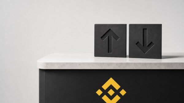 Auf einer hellen Steintheke mit dem Binance-Zeichen an der dunklen Front stehen zwei gleich große schwarze Tafeln, in die linke ist ein Pfeil nach oben eingelassen, in die rechte ein Pfeil nach unten.