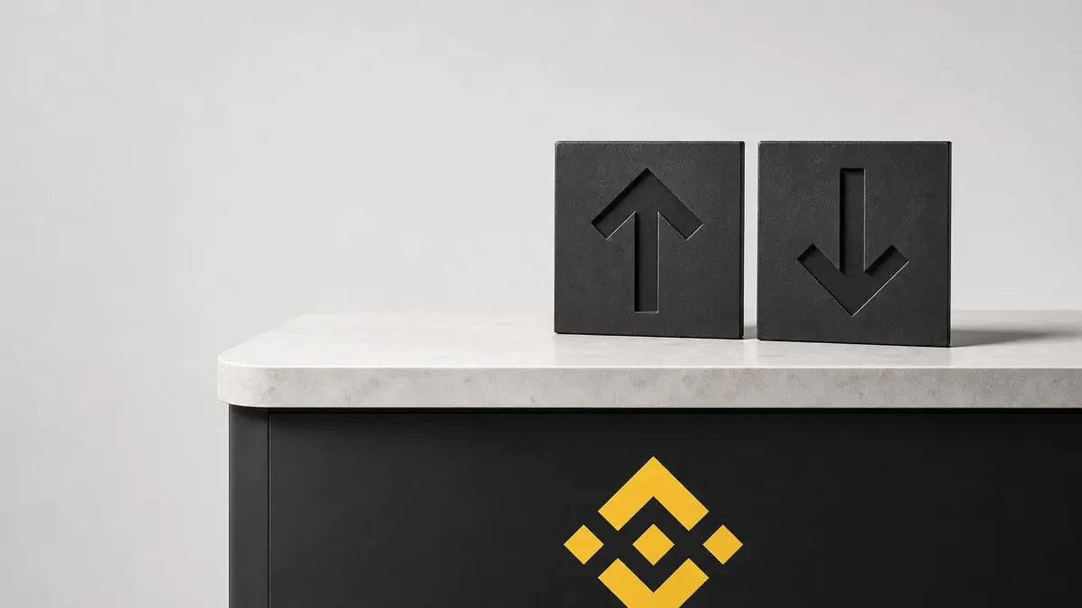 Auf einer hellen Steintheke mit dem Binance-Zeichen an der dunklen Front stehen zwei gleich große schwarze Tafeln, in die linke ist ein Pfeil nach oben eingelassen, in die rechte ein Pfeil nach unten.
