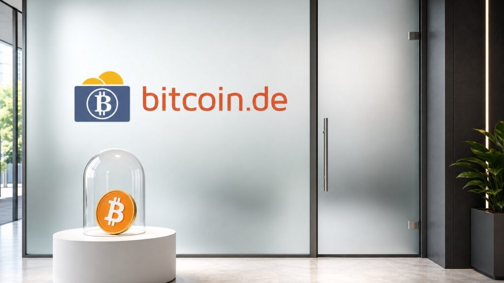 Eine geschlossene Milchglaswand mit dem bitcoin.de-Logo, davor liegt eine Bitcoin-Münze unter einer Glasglocke auf einem weißen Sockel.