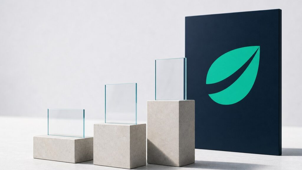 Drei Steinsockel unterschiedlicher Höhe stehen aufsteigend nebeneinander, auf jedem eine aufrechte Glastafel; dahinter ein dunkelblaues Schild mit dem grünen Bitfinex-Zeichen.