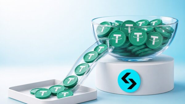 Eine Glasschale voller grüner Tether-Münzen steht auf einem weißen Sockel mit dem Bitget-Zeichen, über eine gläserne Rinne gleiten einige Münzen in eine flache Schale davor.