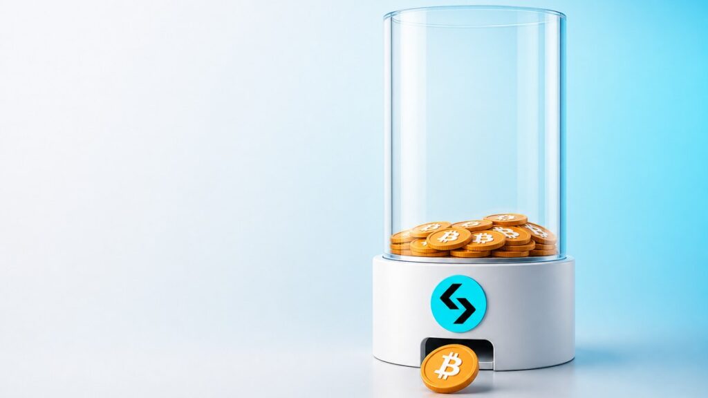 Eine hohe Glassäule auf einem weißen Sockel mit dem Bitget-Zeichen enthält nur noch eine dünne Schicht Bitcoin-Münzen, aus einer Öffnung im Sockel rollt eine einzelne Bitcoin-Münze heraus.