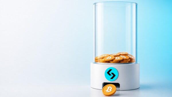 Eine hohe Glassäule auf einem weißen Sockel mit dem Bitget-Zeichen enthält nur noch eine dünne Schicht Bitcoin-Münzen, aus einer Öffnung im Sockel rollt eine einzelne Bitcoin-Münze heraus.