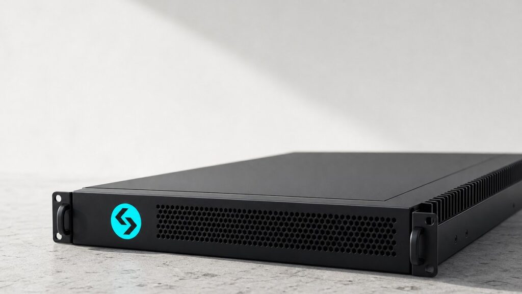 Ein flaches schwarzes Servermodul liegt auf einer hellen Steinfläche, auf der Blende sitzt das cyanfarbene Bitget-Zeichen, entlang einer Kante verlaufen Kühlrippen.