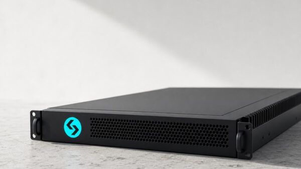 Ein flaches schwarzes Servermodul liegt auf einer hellen Steinfläche, auf der Blende sitzt das cyanfarbene Bitget-Zeichen, entlang einer Kante verlaufen Kühlrippen.