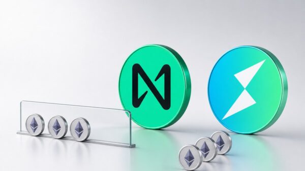 Eine grüne NEAR-Münze und eine blau-grüne THORChain-Münze stehen gleich groß nebeneinander; vor der NEAR-Münze hält eine Glasschranke drei kleine Ether-Münzen auf, vor der THORChain-Münze rollen drei Ether-Münzen weiter.