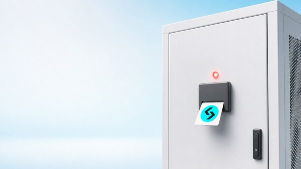 Eine weiße Zugangskarte mit dem cyanfarbenen Bitget-Zeichen steckt im Kartenleser eines weißen Serverschranks, darüber leuchtet eine rote Warnlampe.