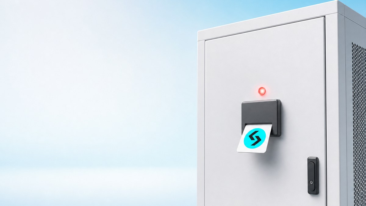 Eine weiße Zugangskarte mit dem cyanfarbenen Bitget-Zeichen steckt im Kartenleser eines weißen Serverschranks, darüber leuchtet eine rote Warnlampe.