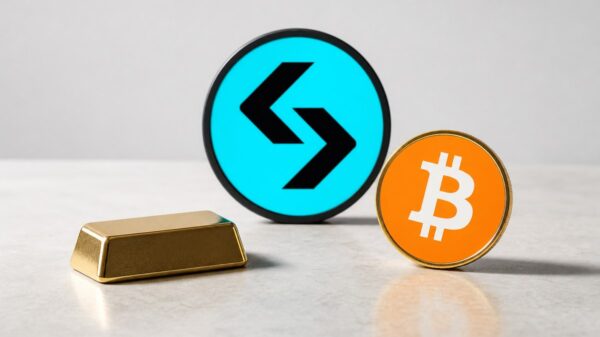 Auf einer hellen Steinfläche liegt links ein kleiner Goldbarren, rechts steht eine Goldmünze mit dem Bitcoin-Zeichen; dahinter eine aufgestellte cyanfarbene Scheibe mit dem Bitget-Zeichen.