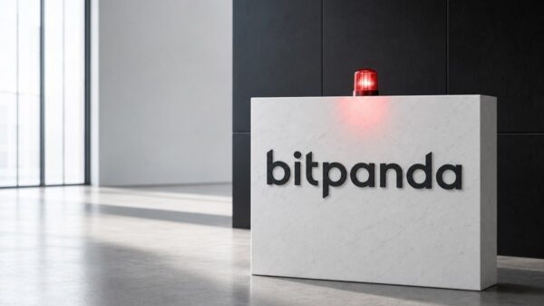 Ein weißer Marmorblock mit der dunklen Bitpanda-Wortmarke steht in einer hellen Halle, oben auf dem Block leuchtet eine rote Warnleuchte.