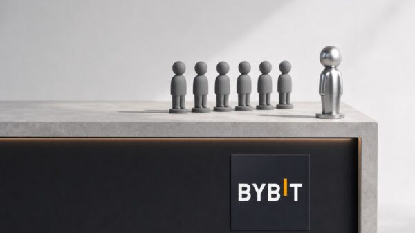 Auf einer hellen Steintheke mit dem Bybit-Schriftzug an der Front stehen fünf gleiche graue Figuren in einer Reihe, davor eine etwas größere Figur aus poliertem Stahl.
