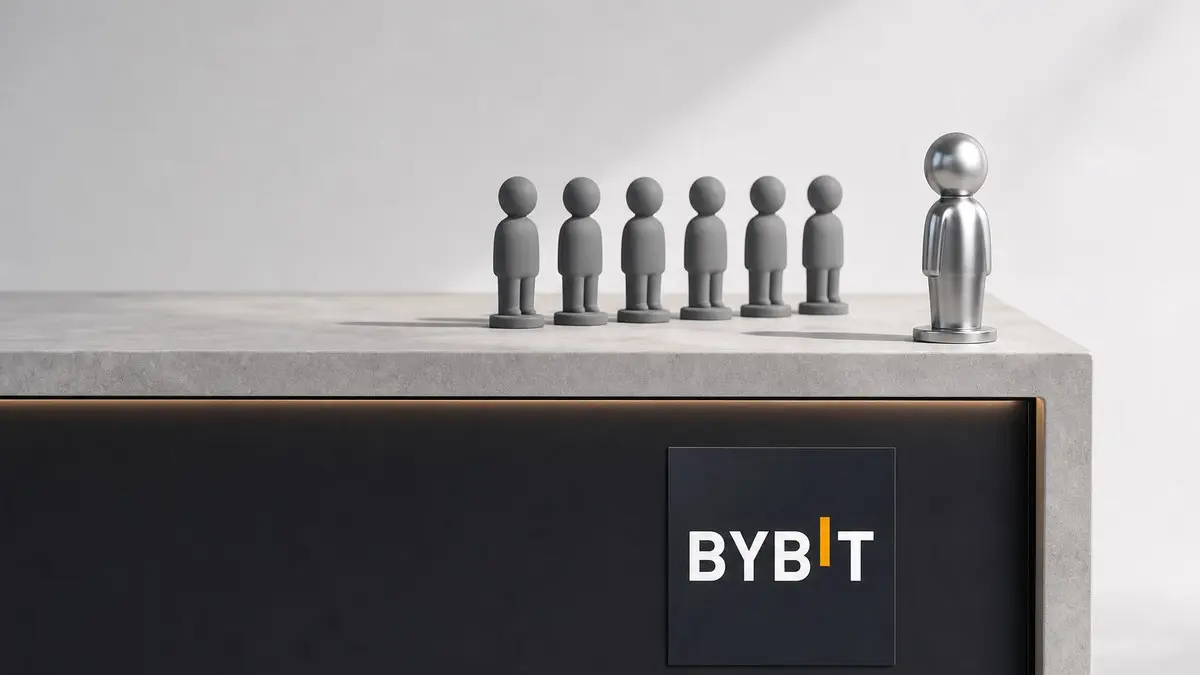 Auf einer hellen Steintheke mit dem Bybit-Schriftzug an der Front stehen fünf gleiche graue Figuren in einer Reihe, davor eine etwas größere Figur aus poliertem Stahl.