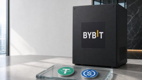 Ein schwarzes Verwahrmodul mit Bybit-Schriftzug steht auf einer Steinplatte, davor liegen in einer Glasschale eine grüne Tether-Münze und eine blaue USD-Coin-Münze.