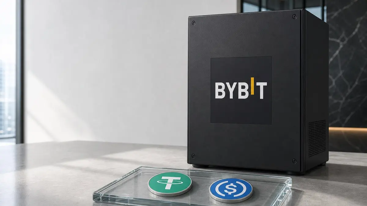 Ein schwarzes Verwahrmodul mit Bybit-Schriftzug steht auf einer Steinplatte, davor liegen in einer Glasschale eine grüne Tether-Münze und eine blaue USD-Coin-Münze.