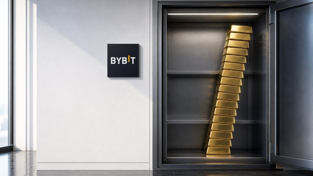 Ein heller Tresorraum mit einem offenen Stahlfach, darin ein hoher Stapel Goldbarren, der deutlich zur Seite kippt; an der Wand daneben ein dunkles Schild mit dem Bybit-Schriftzug.