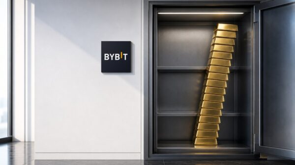 Ein heller Tresorraum mit einem offenen Stahlfach, darin ein hoher Stapel Goldbarren, der deutlich zur Seite kippt; an der Wand daneben ein dunkles Schild mit dem Bybit-Schriftzug.
