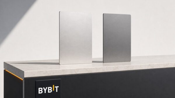 Auf einer hellen Steintheke mit dem Bybit-Schriftzug an der dunklen Front stehen zwei gleich große aufrechte Metallplatten nebeneinander.