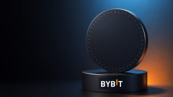 Eine dunkle glänzende Scheibe steht aufrecht auf einem flachen Sockel mit dem Bybit-Schriftzug; am Rand der Scheibe läuft ein Ring feiner Uhrmarken ohne Zeiger und ohne Ziffern.