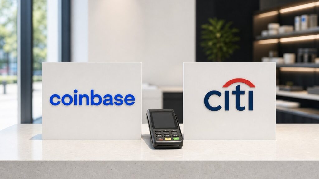 Zwei gleich große weiße Blöcke auf einer hellen Ladentheke tragen die Wortmarken von Coinbase und Citi; dazwischen liegt ein schwarzes Kartenterminal.