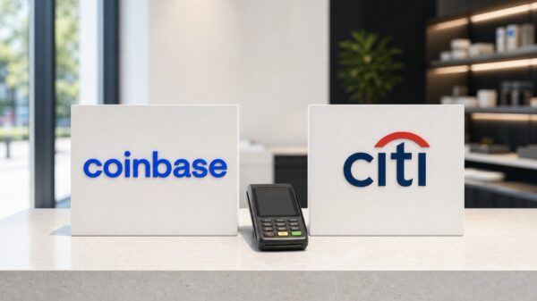Zwei gleich große weiße Blöcke auf einer hellen Ladentheke tragen die Wortmarken von Coinbase und Citi; dazwischen liegt ein schwarzes Kartenterminal.