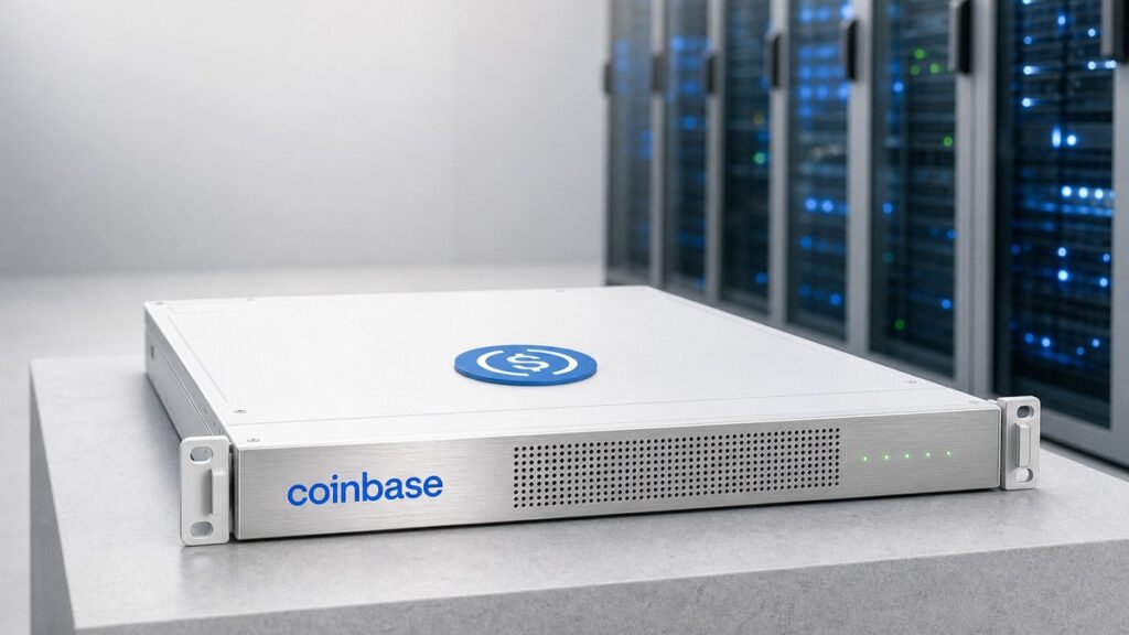 Ein flaches weißes Server-Modul mit der Coinbase-Wortmarke auf der Aluminiumblende steht auf einem Steinsockel in einem hellen Rechenzentrum, obenauf liegt eine blaue USDC-Münze.