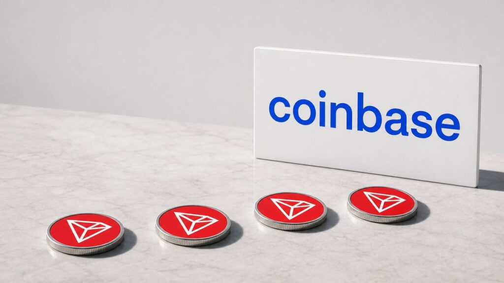 Vier gleiche rote Münzen mit dem Tron-Zeichen liegen in gleichmäßigen Abständen wie eine Spur auf einer hellen Steinfläche; dahinter steht ein weißes Schild mit dem Coinbase-Schriftzug.