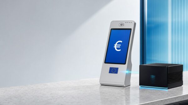 Ein weißes Bezahlterminal mit Euro-Zeichen auf dem Display und EU-Sternenkranz am Gehäuse steht auf einem Steintresen, daneben ein schwarzes Rechenmodul, von dem ein cyanfarbener Lichtstrahl zum Terminal führt.