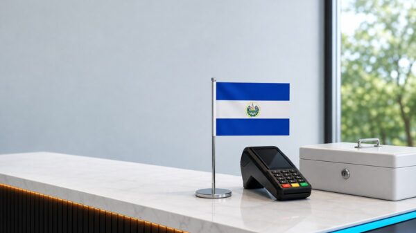Auf einem hellen Steintresen stehen eine kleine Tischflagge El Salvadors an einer Chromstange, ein schwarzes Kartenterminal und eine weiße Geldkassette, dahinter ein Fenster mit Bäumen.