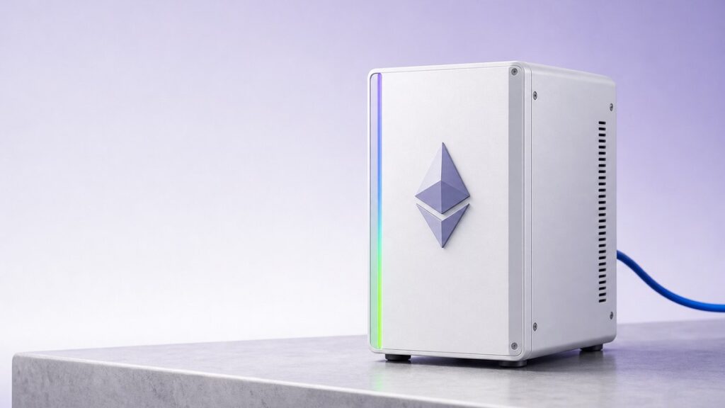Ein kompakter weißer Validator-Knoten mit erhabenem Ethereum-Zeichen auf der Front steht auf einem hellen Steinsockel, eine Leuchtleiste an der Kante wechselt von Violett zu Grün.