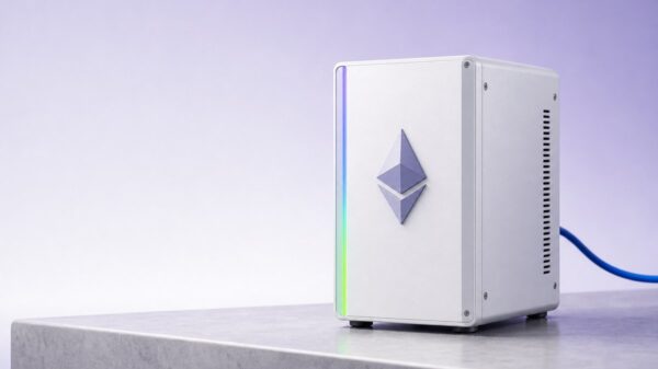 Ein kompakter weißer Validator-Knoten mit erhabenem Ethereum-Zeichen auf der Front steht auf einem hellen Steinsockel, eine Leuchtleiste an der Kante wechselt von Violett zu Grün.